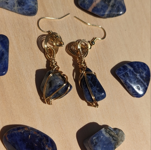 Artisan Jewelry - Sodalite Crystals Earrings Gold Hoops Wire Wrapped Handmade Crystals Gemstone